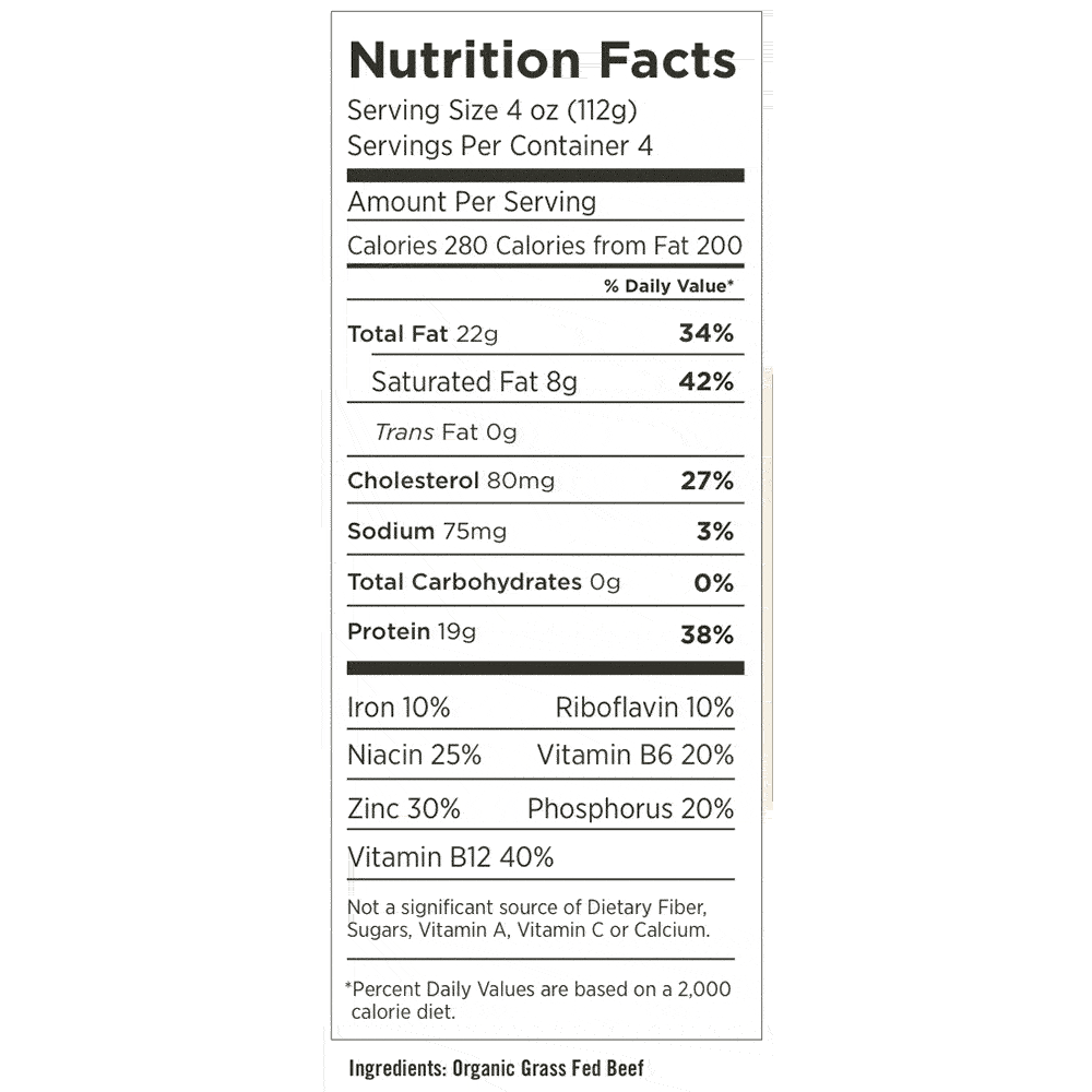 Organic Ground Beef 80/20 - Nutrition Label