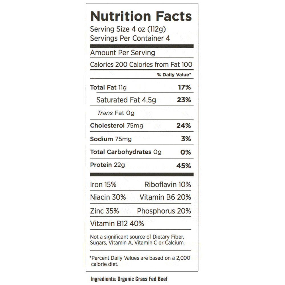 Organic Ground Beef 90/10 - Nutrition Label