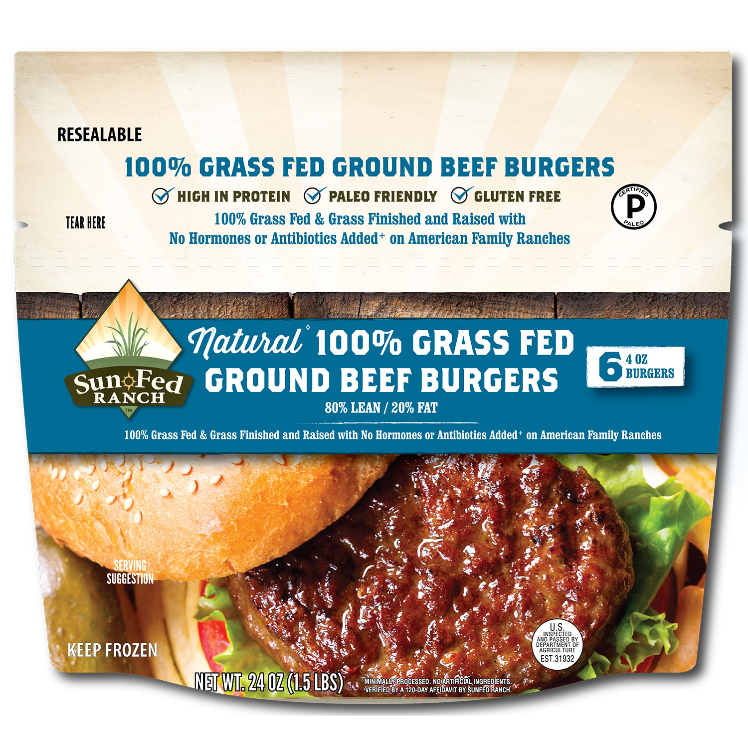 Frozen Natural Grass Fed Ground Beef Burgers 80/20