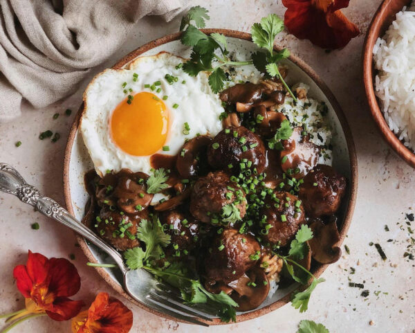 Meatball Loco Moco with Sweet Soy Mushroom Gravy Recipe