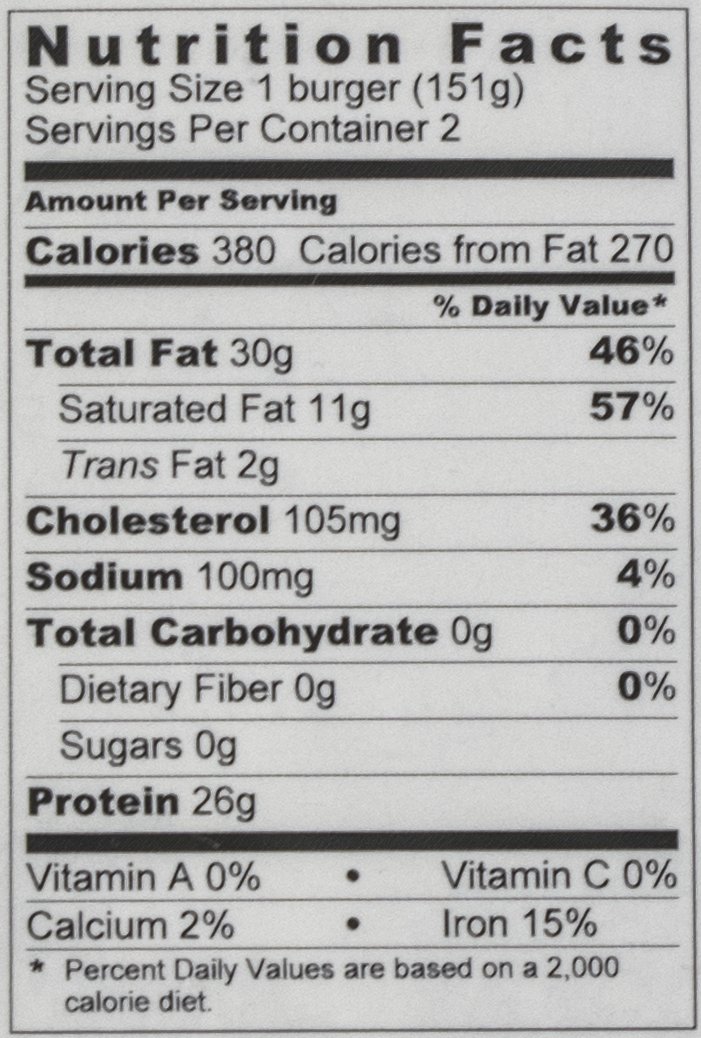 Natural Fresh Burgers 80/20 - Nutrition Label